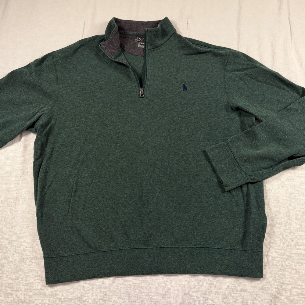 Polo Ralph Lauren Mens Large Green Quarter Zip Pullover Sweatshirt Heathered
